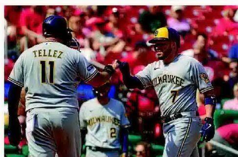 Milwaukee Brewers' Rowdy Tellez smiles during the fourth inning of