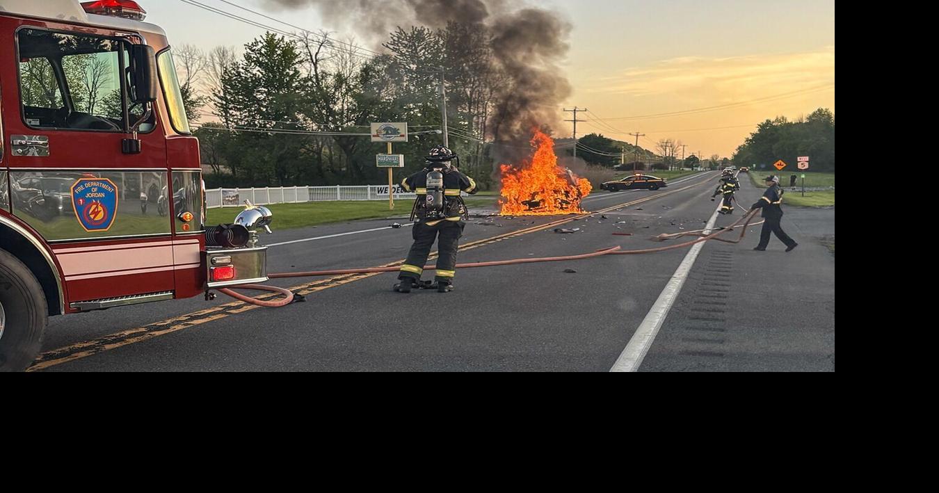 Car catches fire after collision on Route 5 in Elbridge