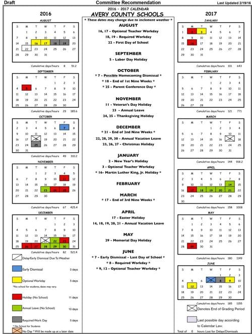 2016-17 school calendar draft | Avery | averyjournal.com