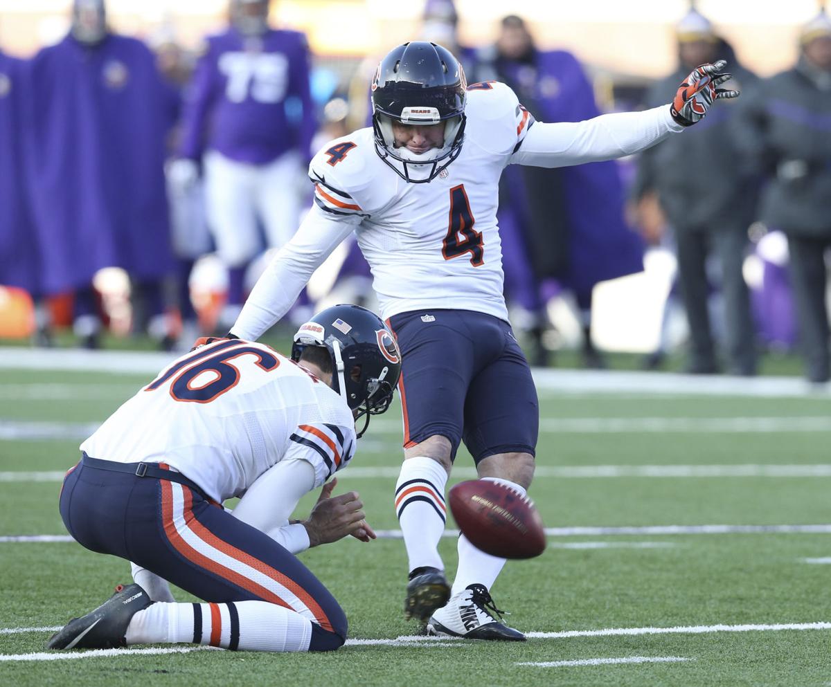 Chicago Bears kicker Jay Feely (4) scores a field goal after the interception by Chicago Bears cornerback Kyle Fuller (23) against the Minnesota Vikings during the second half of their game on Sunday, Dec. 28, 2014 at TCF Bank Field, in Minneapolis, Minn.
