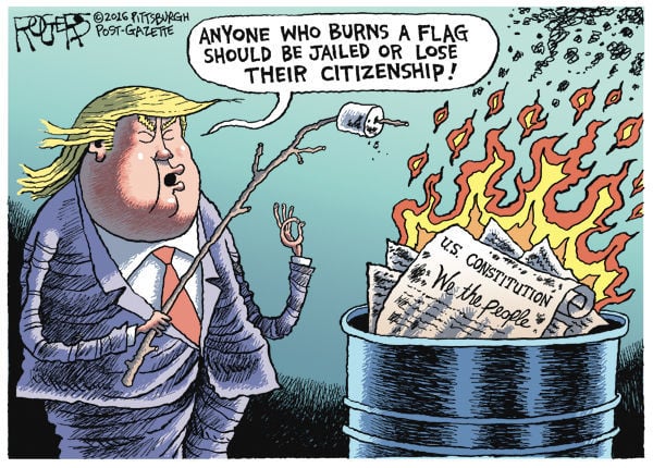 trump red button cartoon