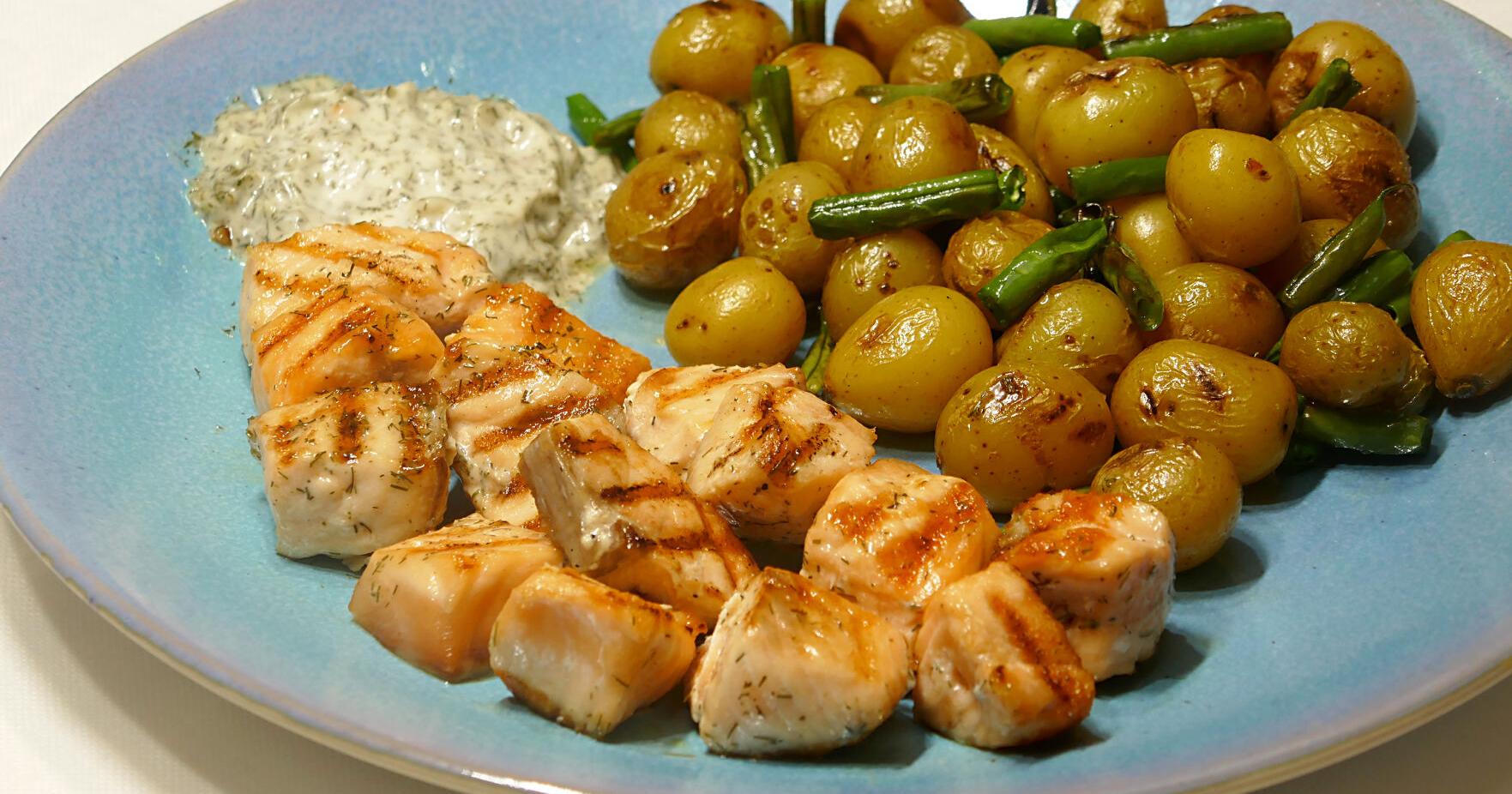 Salmon Kebabs with Dill Tartar Sauce and New Potatoes with Green Beans - Vimarsana News