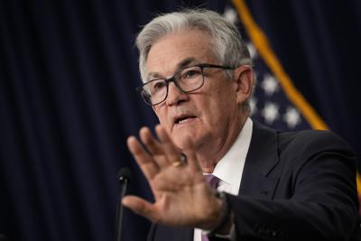 Federal Reserve Board Chairman Jerome Powell speaks during a news conference after a meeting of the Federal Open Market Committee on Wednesday in Washington, D.C. After a streak of 10 interest rate increases, Powell announced that rates will remain stea...
