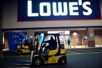 A fork lift operator outside a Lowe's hardware store in Philadelphia