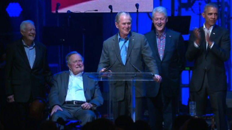 Five ex-Presidents attend hurricane relief concert; Trump appears in video message