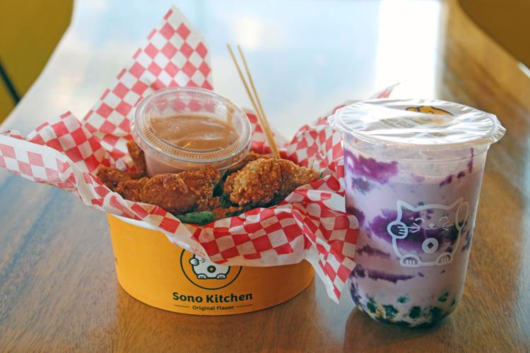 March 2024 Sono Kitchen & Boba Pop 'n Bo special--salt and pepper chicken with basil leaf served with taro yama boba.jpg