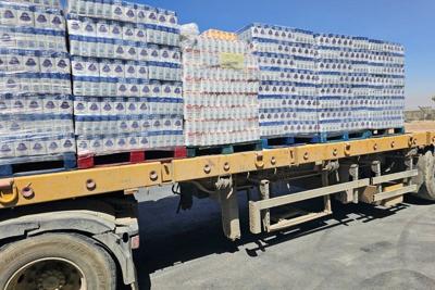 A truck loaded with aid is seen at the Kerem Shalom crossing between Israel and Gaza, on its Israeli side