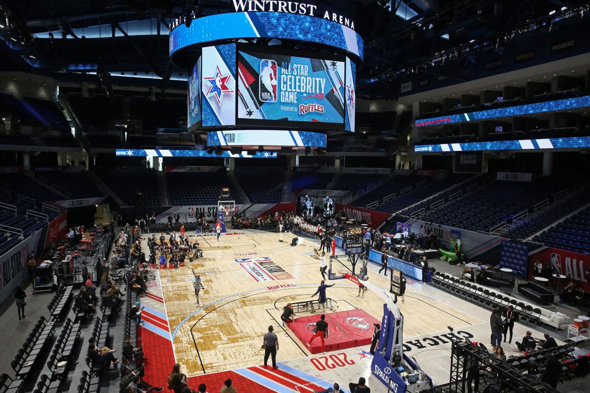 Performers practice before the All-Star Celebrity Game at Wintrust Arena on Friday, Feb. 14, 2020.
