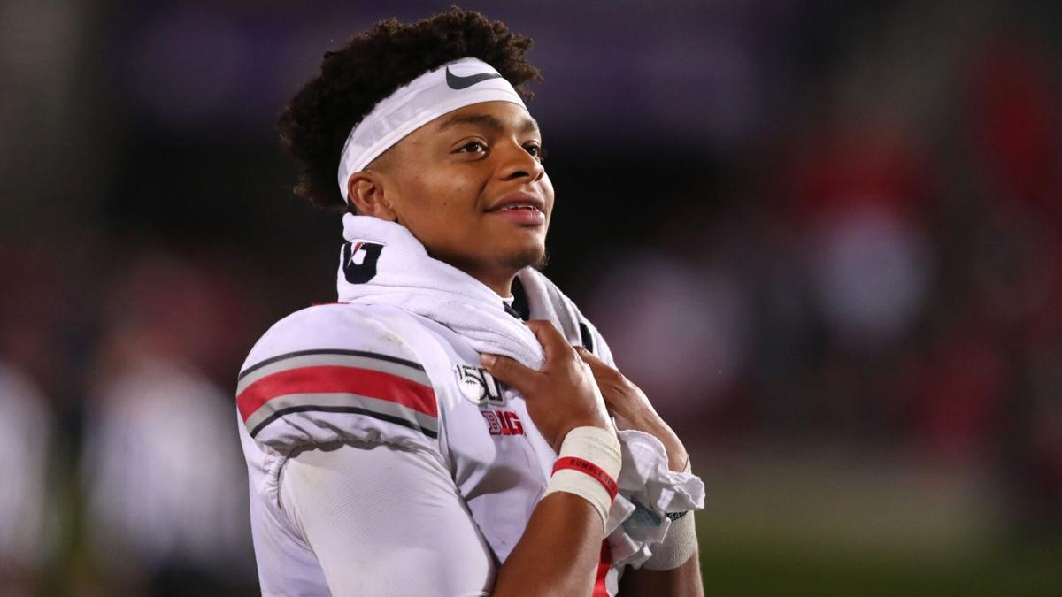 Ohio State quarterback Justin Fields looks on from the bench in the third quarter against Northwestern on Oct. 18, 2019, in Evanston.