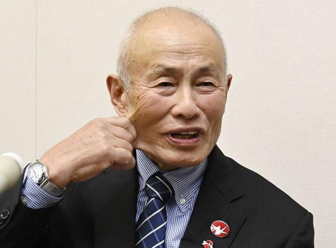 Japan Confederation of A- and H-Bomb Sufferers Organizations (Nihon Hidankyo) co-chair Toshiyuki Mimaki attends a press conference in Hiroshima