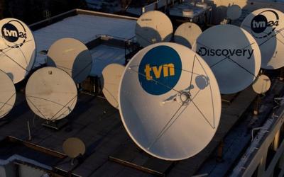 FILE PHOTO: Aerial view of the logo of the private television TVN, owned by the U.S. media company Discovery Inc, seen on satellite antennas at their headquarters in Warsaw