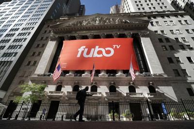 The fuboTV logo is hung from the New York Stock Exchange on the day of its IPO