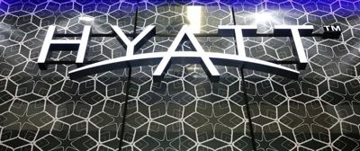 The logo of Hyatt Hotels Corporation is pictured at the International Tourism Trade Fair in Berlin