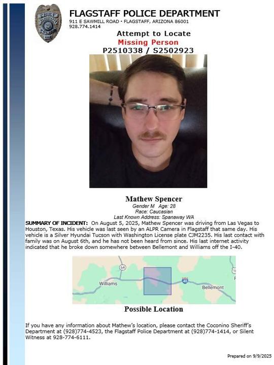 Flagstaff police seek information on missing traveler Matthew Spencer(00)