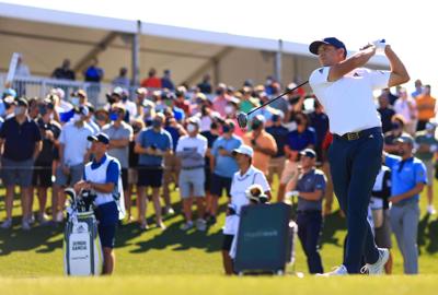 Sergio Garcia of Spain plays his shot from the 18th tee during the first round of The Players Championship on The Players Stadium Course at TPC Sawgrass on Thursday, March 11, 2021 in Ponte Vedra Beach, Florida.