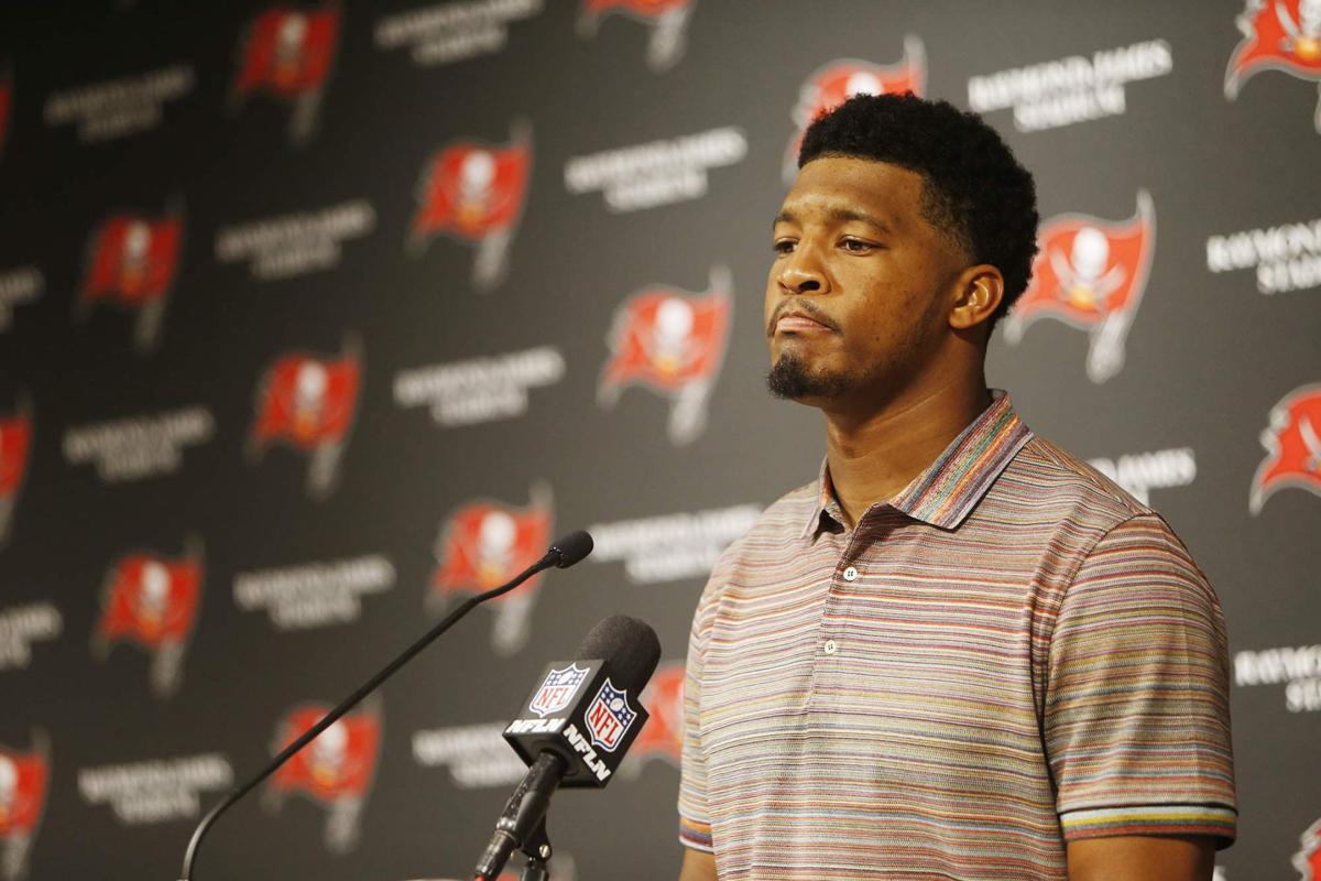 Tampa Bay Buccaneers quarterback Jameis Winston takes questions during a news conference at Raymond James Stadium in Tampa, Fla., on December 29, 2019.
