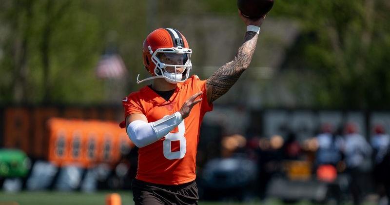 Dillon Gabriel, quarterback, throws the ball at the Browns mini camp in Berea on April 21, 2026.