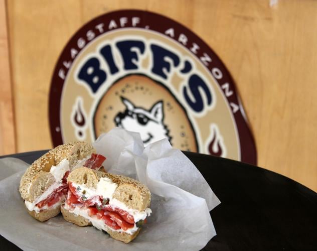 May 2024 Biff's Bagels Lox and capers sandwich with wild caught sockeye salmon, fresh tomoto, onion and cream cheese.jpg