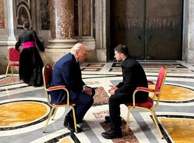 FILE PHOTO: Ukraine's President Zelenskiy meeting U.S. President Trump at the Vatican