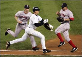 Boston Red Sox's Kevin Millar scores on an RBI single by Jason Varitek in  the fourth inning of Game 6 of the ALCS against the New York Yankees  Tuesday, Oct. 19, 2004