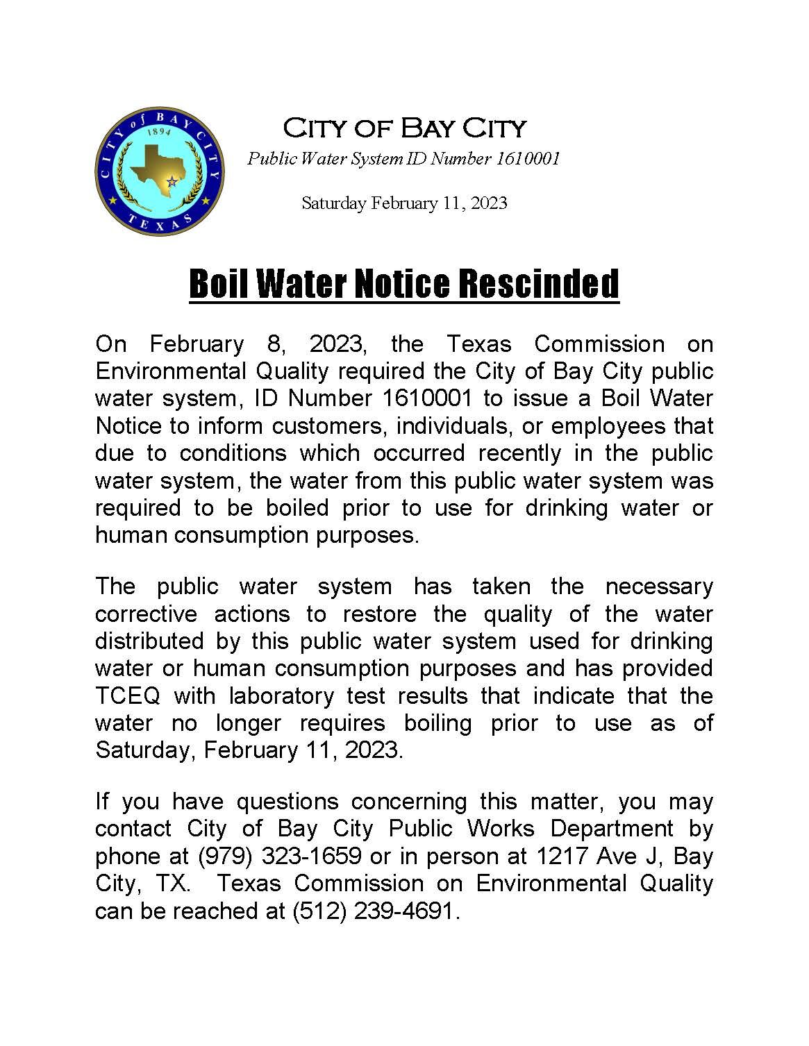 Boil Water Notice Rescinded For Bay City | News | Baycitytribune.com