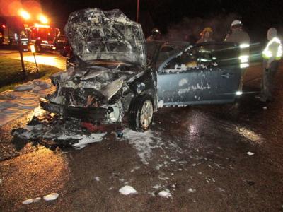 deer hitting fire after catches vehicle crash car beatricedailysun woman injuries minor sustained caught lincoln tuesday