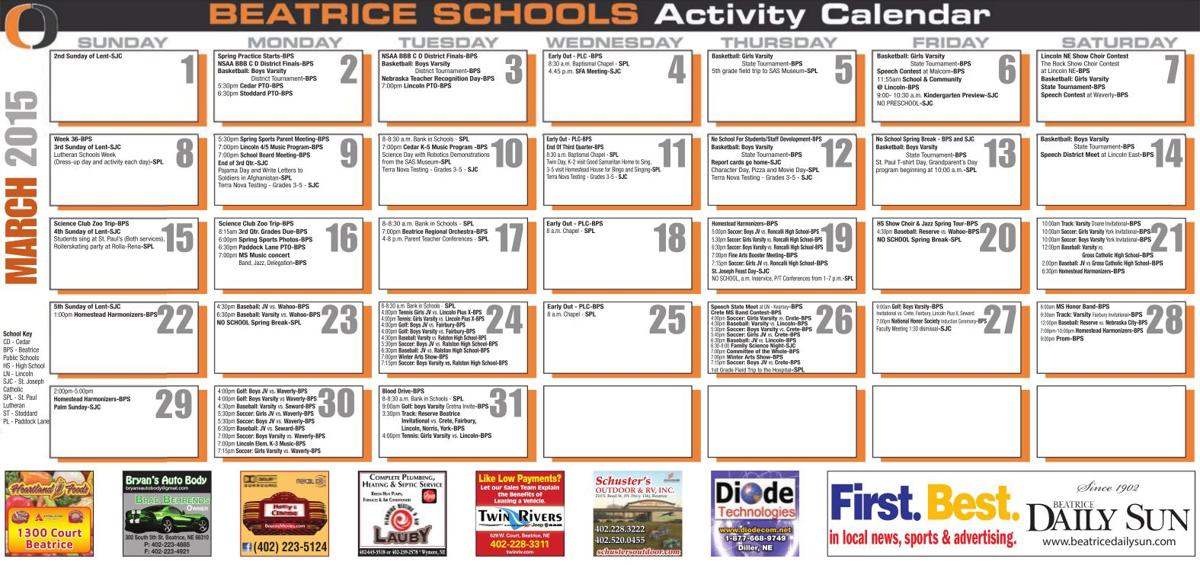 Beatrice Schools Activity Calendar March 2015