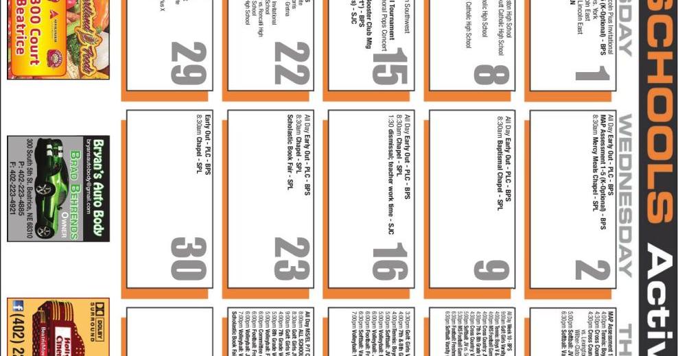Beatrice Schools Activity Calendar September 2015