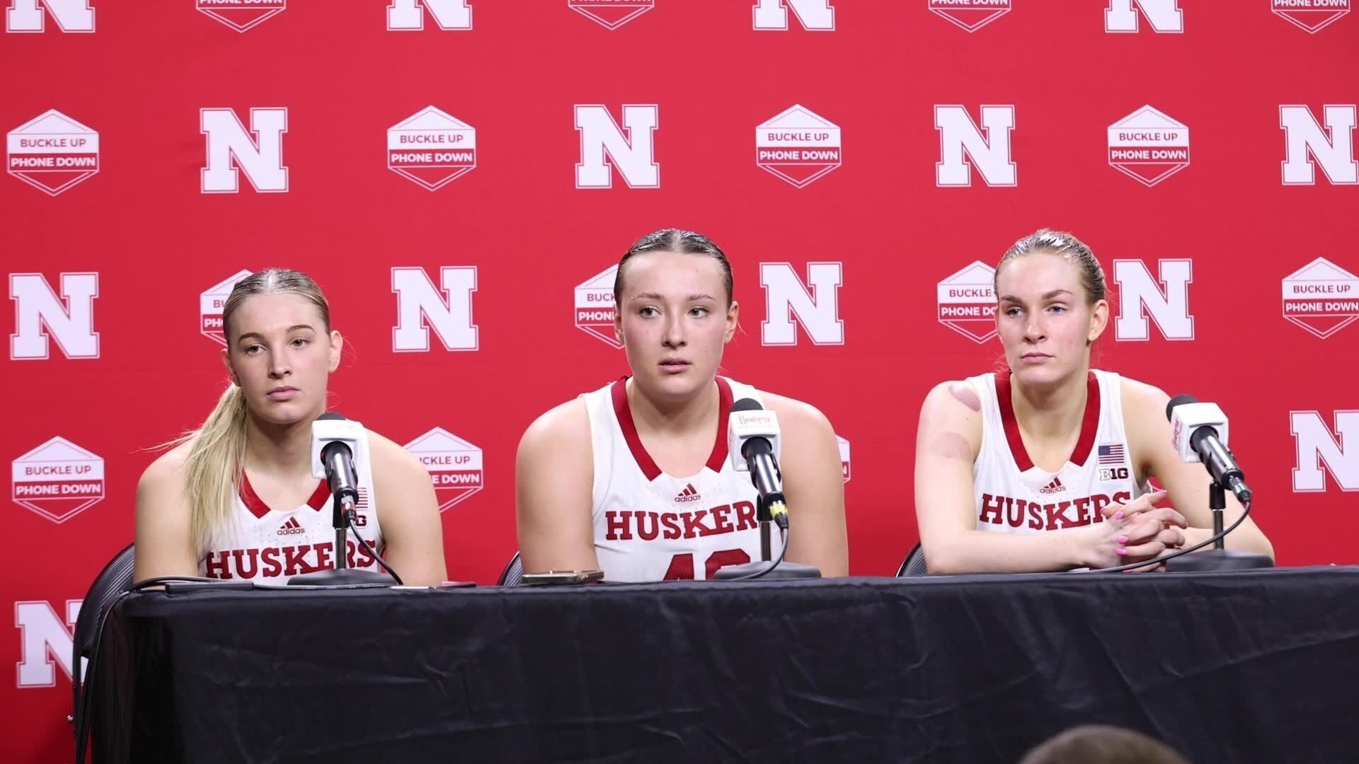 Nebraska s Natalie Potts Alexis Markoski and Jaz Shelley after Huskers 82 79 win over Iowa