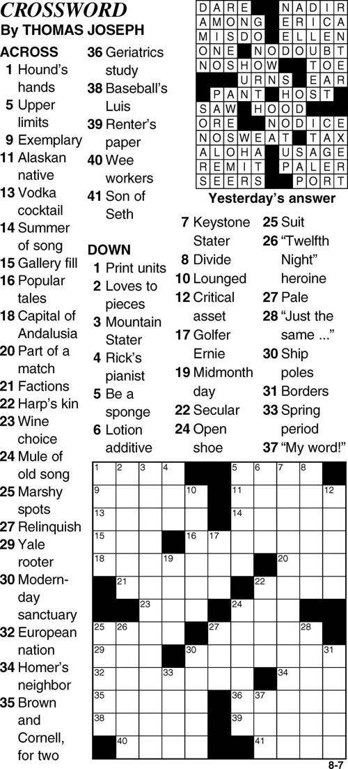 Number Of Winks In A Nap Crossword Aug. 7 Crossword Puzzle | Crossword | bedfordgazette.com