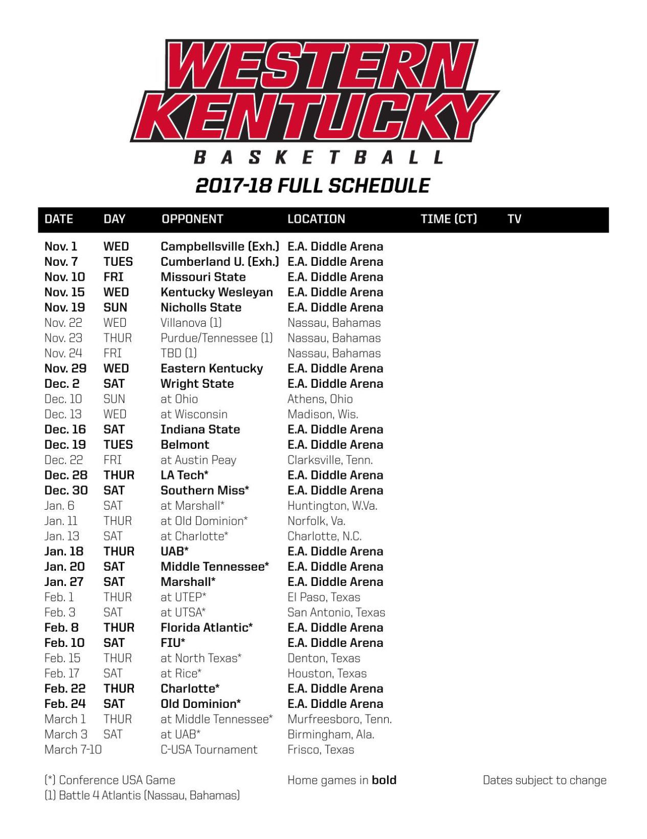 Western Kentucky 201718 men's basketball schedule WKU Sports