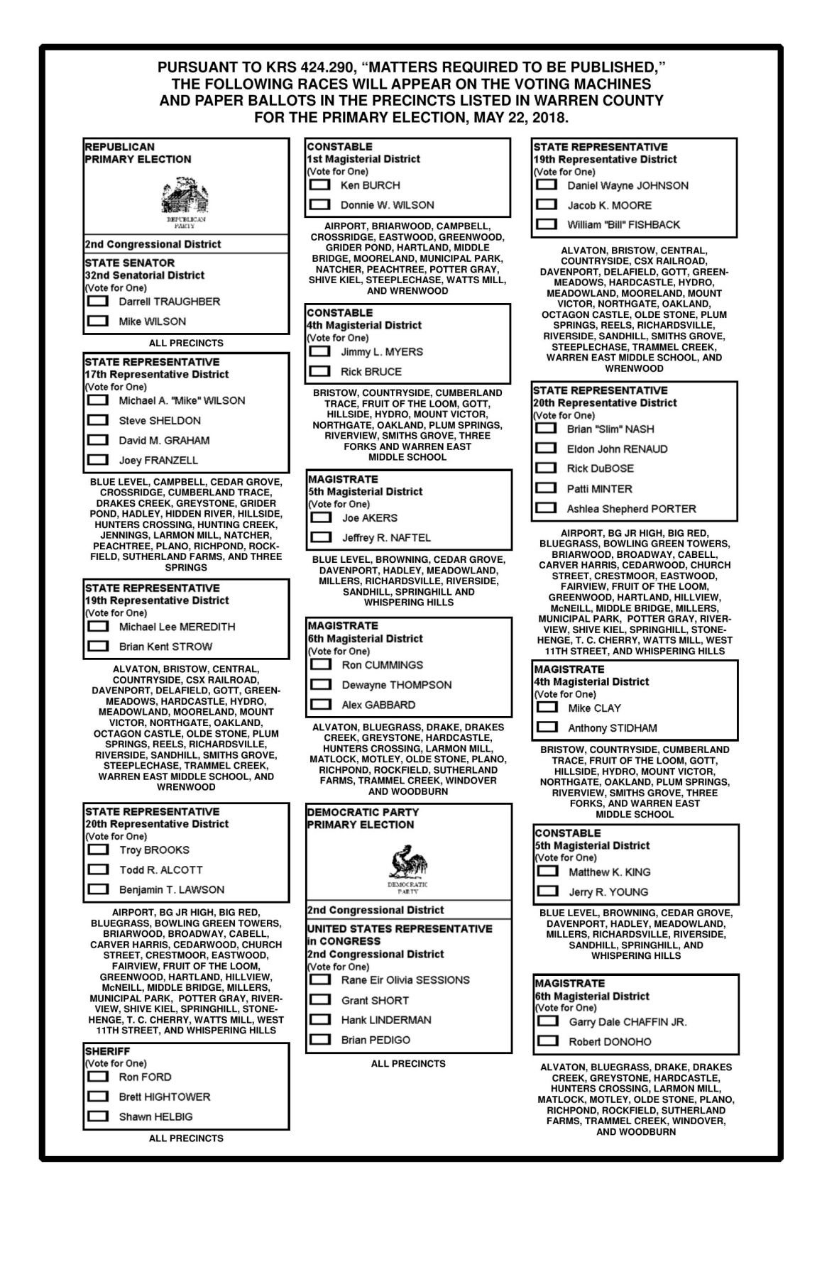 Warren County Primary Ballot 2018 Elections