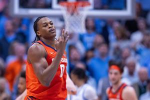 Mar 3, 2026; Chapel Hill, North Carolina, USA; Clemson Tigers forward RJ Godfrey (0) celebrates a three point basket against the North Carolina Tar Heels during the second half at Dean E. Smith Center. Mandatory Credit: Scott Kinser-Imagn Images