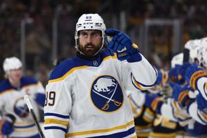 May 1, 2026; Boston, Massachusetts, USA; Buffalo Sabres right wing Alex Tuch (89) points to his goaltender after being congratulated at the bench after scoring against the Boston Bruins during the first period of game six of the first round of the 20