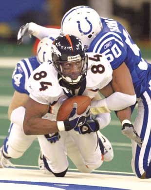 Denver Broncos tight end Byron Chamberlain during the pregame