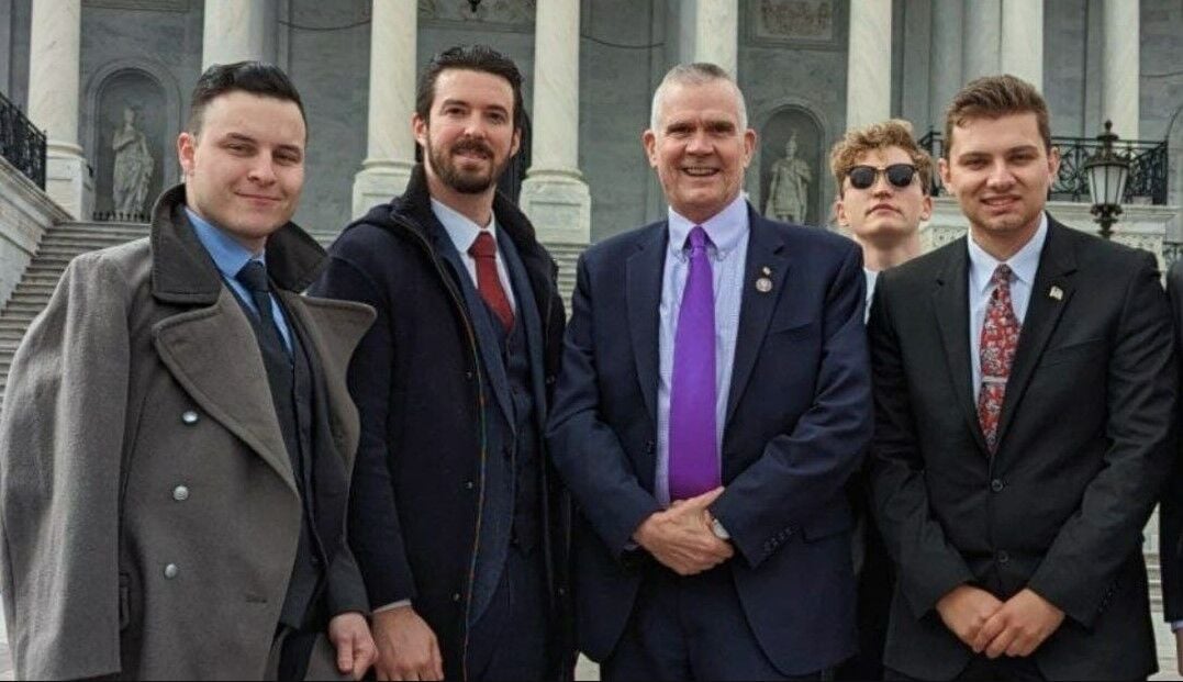 U.S. Rep. Matt Rosendale, R-Mont, poses with white nationalists in front of the Capitol the week of March 1. On the left is Ryan Sanchez, of the now-defunct white nationalist street fighting gang Rise Above Movement and podcaster Greyson Arnold. Arnold has called Adolf Hitler a “complicated historical figure.” The photo first appeared on Twitter and then on Mastodon.Courtesy photo
