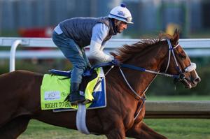 2026 Kentucky Derby horse Right To Party with rider Robby Albarado working at Churchill Downs. The horse is trained by Kenny