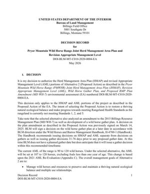 Decision record for Pryor Mountain Wild Horse Range Joint Herd Management Area Plan and Revision Appropriate Management Level