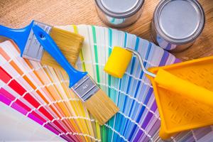 set of painting tools paint brush roller tray can color palette