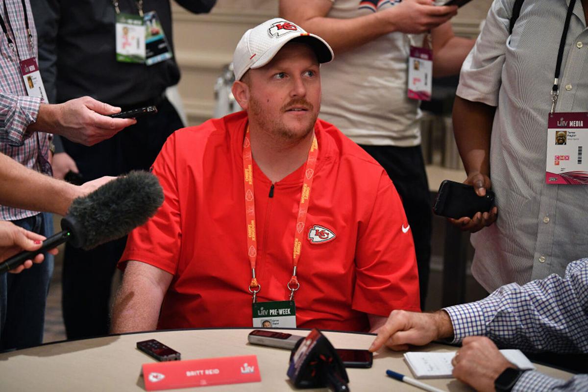 Britt Reid Linebackers coach for the Kansas City Chiefs speaks to the media during the Kansas City Chiefs media availability prior to Super Bowl LIV at the JW Marriott Turnberry on January 29, 2020 in Aventura, Florida.