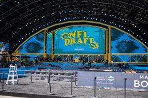 A closer look at the inside of the NFL Draft Theater on Wednesday, April 22, from outside Acrisure Stadium in Pittsburgh, Pa.