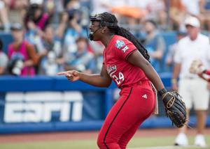 Jun 6, 2025; Oklahoma City, OK, USA; Texas Tech Red Raiders pitcher NiJaree Canady (24) points to her catcher after a strikeout in the first inning against the Texas Longhorns during game three of the NCAA Softball Women's College World Series finals