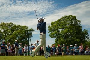 Sam Burns tees off on the first hole during the third round of the Memorial Tournament at Muirfield Village Golf Club on June 6,