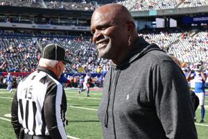 Nov 3, 2024; East Rutherford, New Jersey, USA; Former New York Giants linebacker Lawrence Taylor on the field before the game between the Giants and the Washington Commanders at MetLife Stadium. Mandatory Credit: Vincent Carchietta-Imagn Images