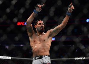 Jul 10, 2021; Las Vegas, Nevada, USA; Max Griffin reacts following his match against Carlos Condit during UFC 264 at T-Mobile Arena. Mandatory Credit: Gary A. Vasquez-USA TODAY Sports