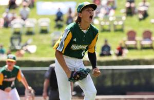 Pitcher Cooper Thissen of Davenport, Iowa, (Midwest Region) strikes out the side in the first inning against Bonita, California