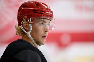 Detroit defenseman Simon Edvinsson during the Red Wings’ training camp at Little Caesars Arena, in Detroit, September 17, 2026.