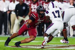 Sep 6, 2025; Columbia, South Carolina, USA; South Carolina Gamecocks linebacker Dylan Stewart (6) brings down South Carolina State Bulldogs running back KZ Adams (17) in the first quarter at Williams-Brice Stadium. Mandatory Credit: Jeff Blake-Imagn 