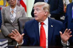 U.S. President Donald Trump speaks in the Oval Office at the White House