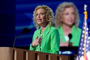 Aug 21, 2024; Chicago, IL, USA; Rep. Debbie Wasserman Schultz, D-Fla., speaks during the third day of the Democratic National Convention at the United Center. Mandatory Credit: Mike De Sisti-USA TODAY
